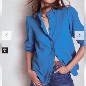 Boden "Helena Double Cotton Top" In Kingfisher Blue. Long Sleeves Button Down. 6